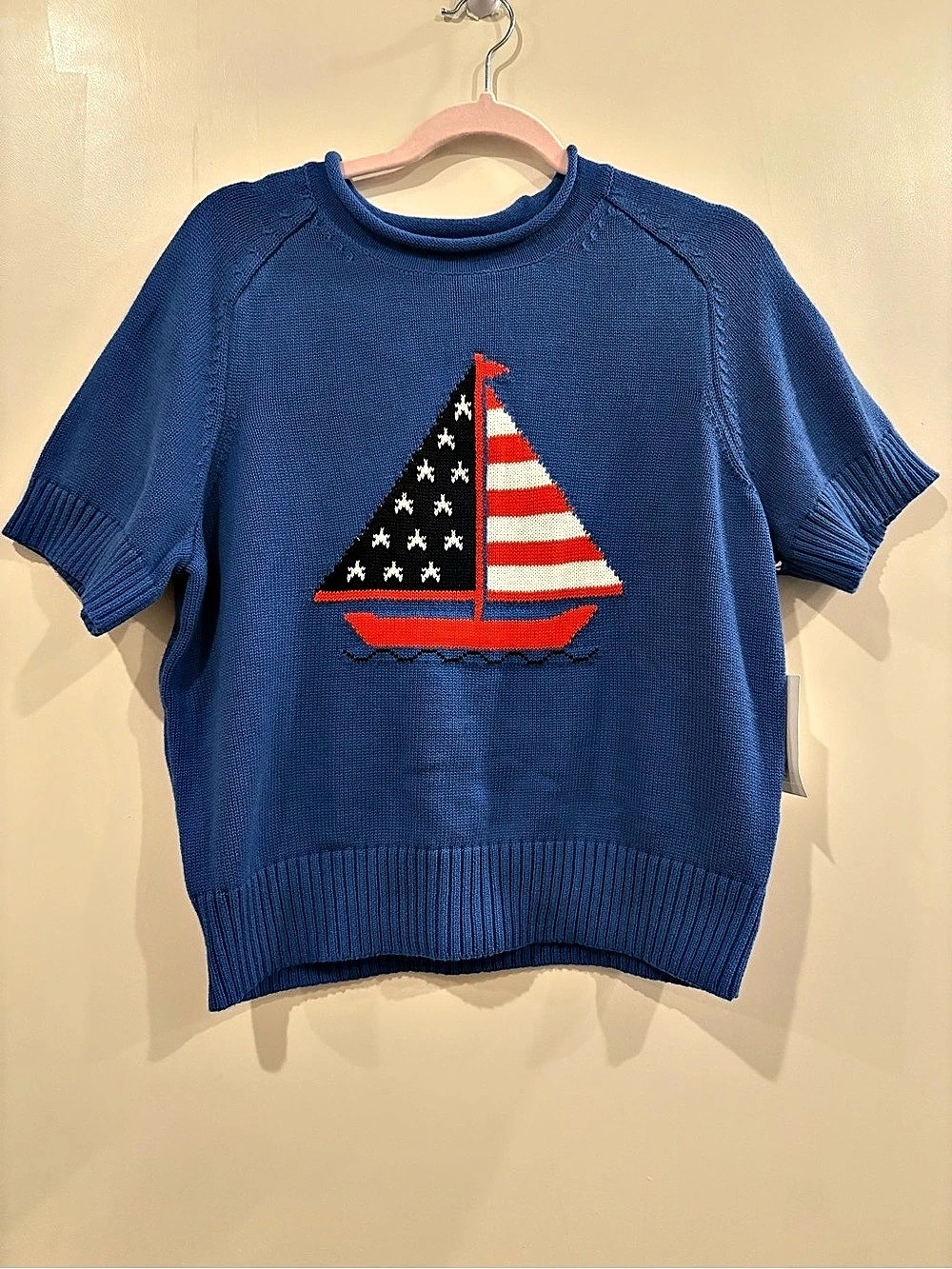 Free Assembly Women's Sailboat Short Sleeve Sweater Girls' Sailboat Sweater Blue